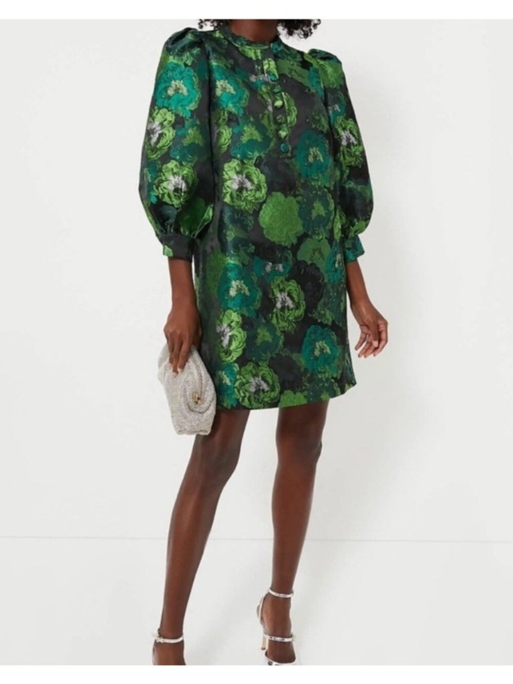 Pomander Place Samantha Mini Dress Size L Green Jacquard 3/4 Sleeve